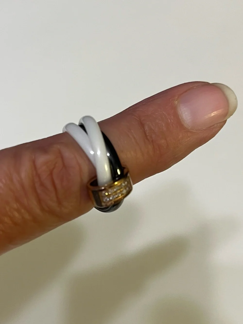 Black and White Ceramic Stack Ring with Rose Gold Accent